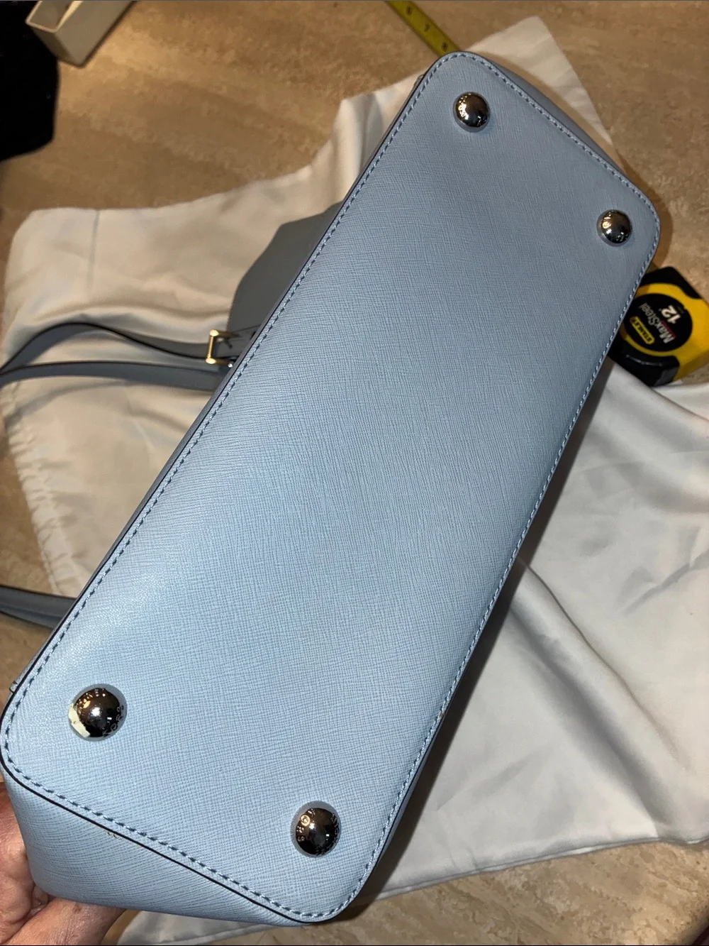 Michael Kors Powder Blue Saffiano Carry All Leather Tote, MK Charm, dust bag euc